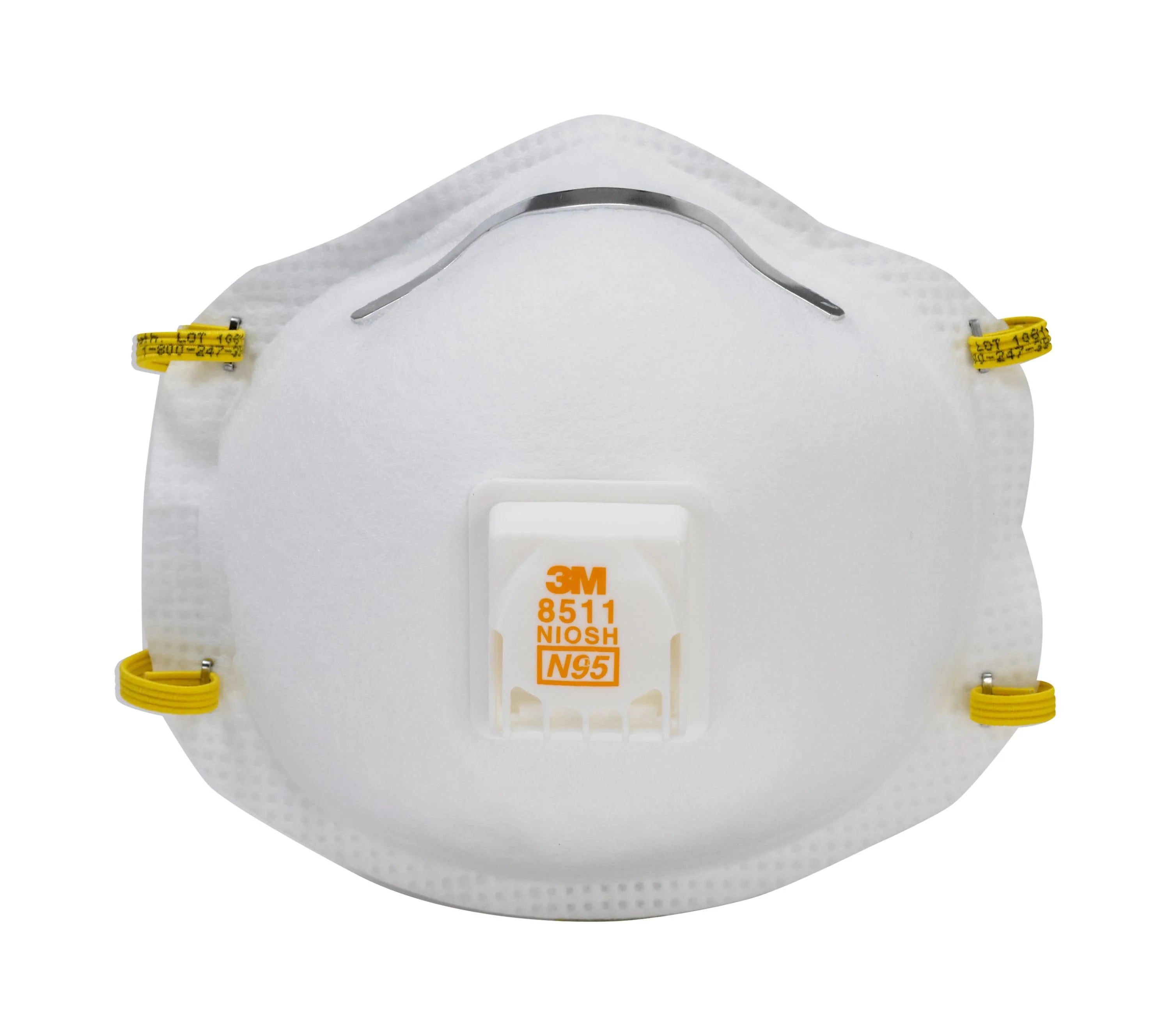 The 3M 8511 N95 Disposable Respirator with Cool Flow Valve (10 PACK) features yellow straps, a metal nose clip, and is labeled "8511 NIOSH N95" in orange text. This 3M respirator offers reliable particulate protection.
